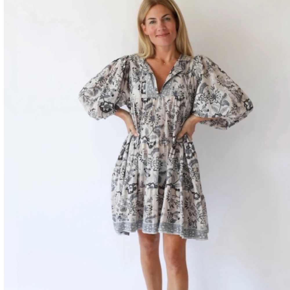 Marea Casita Dress Muted Cream Grey Block Print Size X-Small